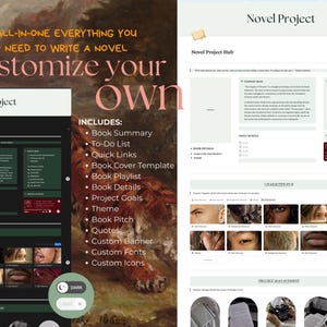 May include: A digital novel project planning template featuring a dark and light mode interface. The layout includes sections for book summaries, to-do lists, character hubs, and project management tools, with text overlays stating All-in-one everything you need to write a novel customize your own.