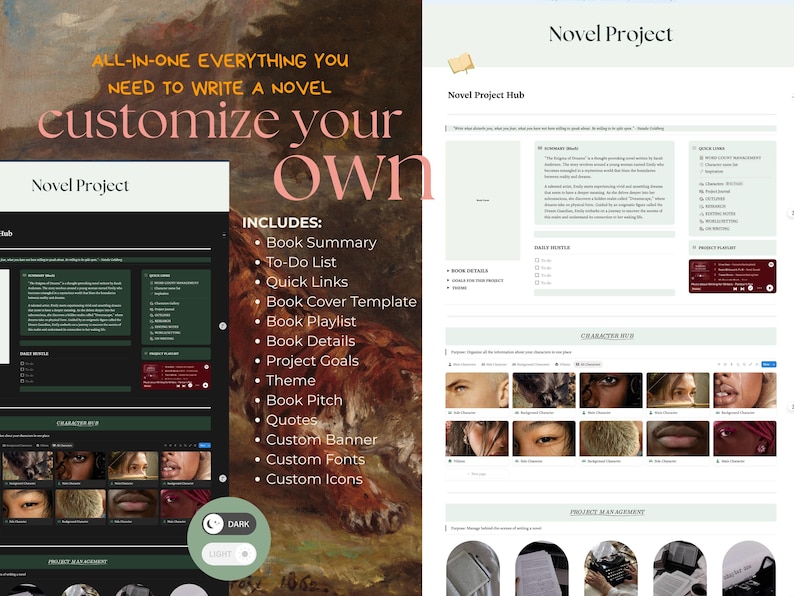 May include: A digital novel project planning template featuring a dark and light mode interface. The layout includes sections for book summaries, to-do lists, character hubs, and project management tools, with text overlays stating All-in-one everything you need to write a novel customize your own.