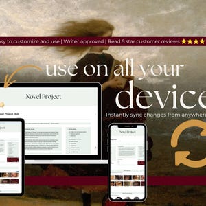 May include: A digital project management template displayed on a laptop, tablet, and smartphone screen. The interface features the text Novel Project and Novel Project Hub. A gold circular arrow icon indicates syncing capabilities across all devices.