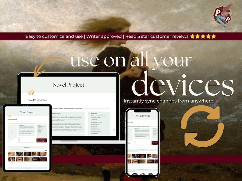 May include: A digital project management template displayed on a laptop, tablet, and smartphone screen. The interface features the text Novel Project and Novel Project Hub. A gold circular arrow icon indicates syncing capabilities across all devices.