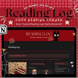 May include: A digital reading log template displayed on a screen, featuring a dark interface with red accents, a black cat illustration, and sections for a book tracker and bookshelf. The layout includes text reading Reading Log and Cozy Reading Corner.