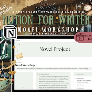 May include: A digital Notion template for writers titled Novel Project and Novel Workshop. The interface includes sections for summary, inspiration, and quick links. The graphic overlay features text like Stay Motivated, Character Profiles, and Includes Video Tutorial with decorative elements like a coffee cup and clock.