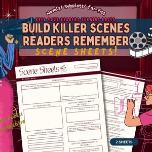 May include: A digital download set of two Scene Sheets for writers, featuring white paper templates with fields for project name, scene summary, setting description, character goals, and conflict. The design includes illustrations of a director and a camera operator.
