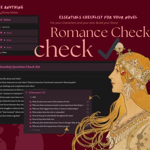 May include: A checklist for writing a romance novel. The checklist is divided into two sections: Relationship Question Check-list and Character #1. The checklist includes questions about the characters' relationship, their emotional wounds, and their individual growth throughout the story.