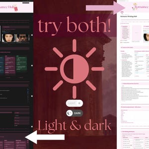 May include: Screenshot of a website with a dark mode and light mode option. The website is called "Romance Hub" and features a section called "Romance Writing Hub". The text "try both!" is displayed in large, bold letters. A sun icon with a half-shaded circle is displayed below the text.