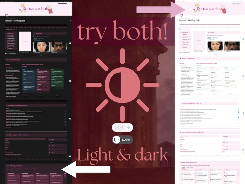 May include: Screenshot of a website with a dark mode and light mode option. The website is called "Romance Hub" and features a section called "Romance Writing Hub". The text "try both!" is displayed in large, bold letters. A sun icon with a half-shaded circle is displayed below the text.