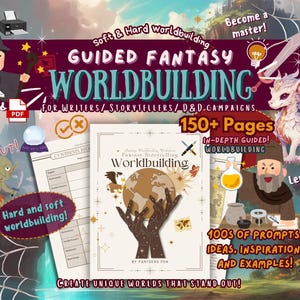 May include: An image promoting a fantasy worldbuilding guide. The cover shows a globe held by hands, with text reading "Guided Fantasy Worldbuilding" and "150+ Pages." Illustrations of fantasy characters and elements are included.