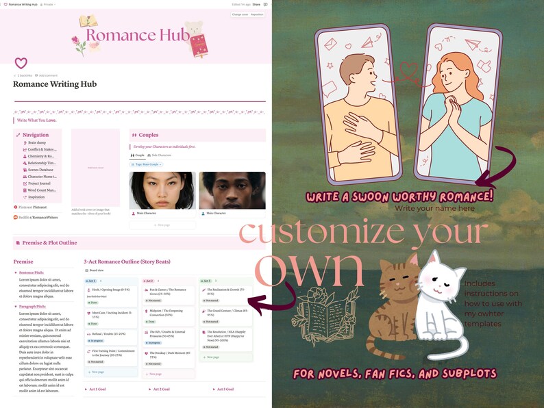 May include: A pink and white website with the text "Romance Hub" and "Romance Writing Hub". The website features a navigation menu, a section on couples, and a section on premise and plot outlining. The website also includes a 3-act romance outline story beat chart. The image also includes a green background with a cartoon illustration of two people on phones, a cat, and a book. The text "Write a swoon worthy romance!" and "Customize your own" is also included in the image.