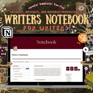 May include: A digital writer's notebook template displayed on a laptop screen, featuring a dark red header, a contents sidebar, an author statement section, and a digital clock. The interface includes the text "Writer's Notebook" and "Notebook".
