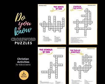 4 Bible Crossword Puzzle, Printable Christian Church Game, Bible Study Quiz, Kids Sunday school Fun Activity, Religious Lesson Word Search