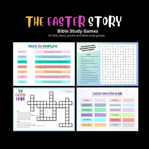 Peut inclure: Un pack d'activités imprimables de Pâques coloré avec des jeux pour les enfants, les adolescents et les groupes de jeunes. Les jeux comprennent un mot croisé, un mot mélangé et une activité de correspondance des Écritures. Le pack présente un schéma de couleurs rose, bleu et vert.