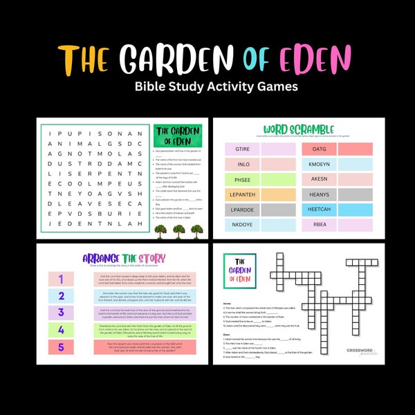 Garden of Eden Printable Christian Teen Kid Crossword Puzzle Word Search Children Church Sunday School Lesson Activity Bible Study Quiz Game
