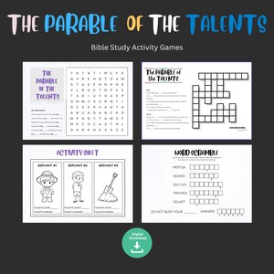 Può includere: Un download digitale con giochi di attività di studio biblico. L'immagine include una ricerca di parole, un cruciverba, un foglio di attività con illustrazioni di servi e un gioco di parole. Il titolo "La parabola dei talenti" è visualizzato in alto.