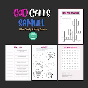 Peut inclure: Un ensemble de jeux d'activités d'étude biblique imprimables pour enfants mettant en scène l'histoire de Dieu appelant Samuel. Les jeux comprennent un mot croisé, des questions vrai ou faux et un jeu qui a dit. Les jeux sont conçus pour être amusants et engageants pour les enfants.