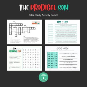 Op de afbeelding: Een set met printbare Bijbelstudie-activiteitsspellen voor kinderen met de gelijkenis van de verloren zoon. De spellen bevatten een kruiswoordpuzzel, een woordzoeker, een waar-of-niet-quiz en een gecodeerde woordenactiviteit.