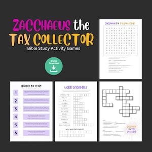 May include: A digital download featuring Bible study activity games. The title "Zacchaeus the Tax Collector" is displayed in purple and yellow. The image includes word scrambles, crossword puzzles, and story arrangement exercises.