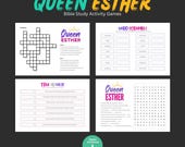 QUEEN ESTHER christian bible study printable quiz game, fun children church Sunday school activity, crossword puzzle word search for kids