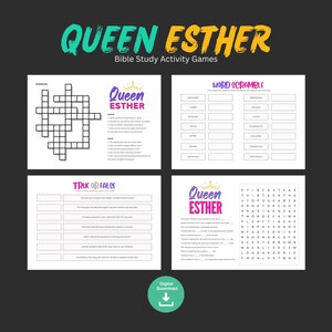 Può includere: Un download digitale con giochi di attività di studio biblico. L'immagine include un cruciverba, un gioco di parole incomprensibili, domande vero o falso e una ricerca di parole, il tutto a tema Regina Ester.