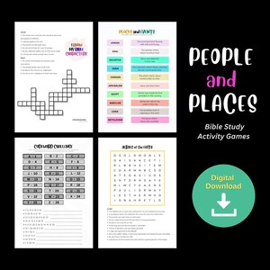May include: A set of printable Bible study activity games for kids. The games include a crossword puzzle, a codeword challenge, and a word search. The games are themed around people and places from the Bible. The text on the page says "People and Places Bible Study Activity Games" and "Digital Download".