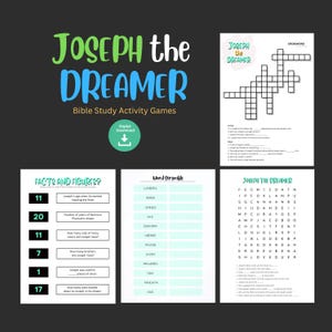 Pode incluir: Um conjunto de jogos de atividades de estudo bíblico intitulado "José, o Sonhador". Os jogos incluem um palavras cruzadas, um jogo de palavras e uma folha de factos e figuras. O esquema de cores é principalmente verde-azulado, verde e branco.