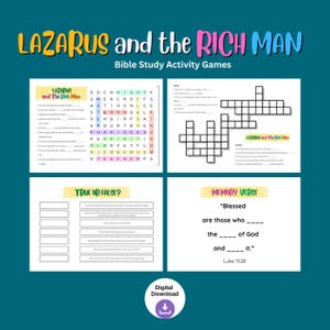 May include: A digital download featuring Bible study activity games. The title "LAZARUS and the RICH MAN" is displayed in colorful text. Includes fill-in-the-blank, crossword, true or false, and memory verse exercises. A digital download icon is present.