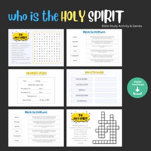 Può includere: Un download digitale con attività e giochi di studio biblico. L'immagine include una ricerca di parole, scritture corrispondenti, un versetto della memoria, un gioco di parole e un cruciverba. Il titolo recita "Chi è lo Spirito Santo".