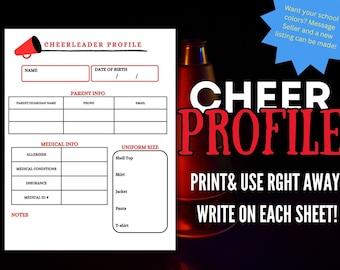 Scheda profilo/informativa stampabile per cheerleader in rosso. Download immediato per allenatore, capitano della squadra, mamma della squadra, gruppo cheerleader, raccoglitore informativo.