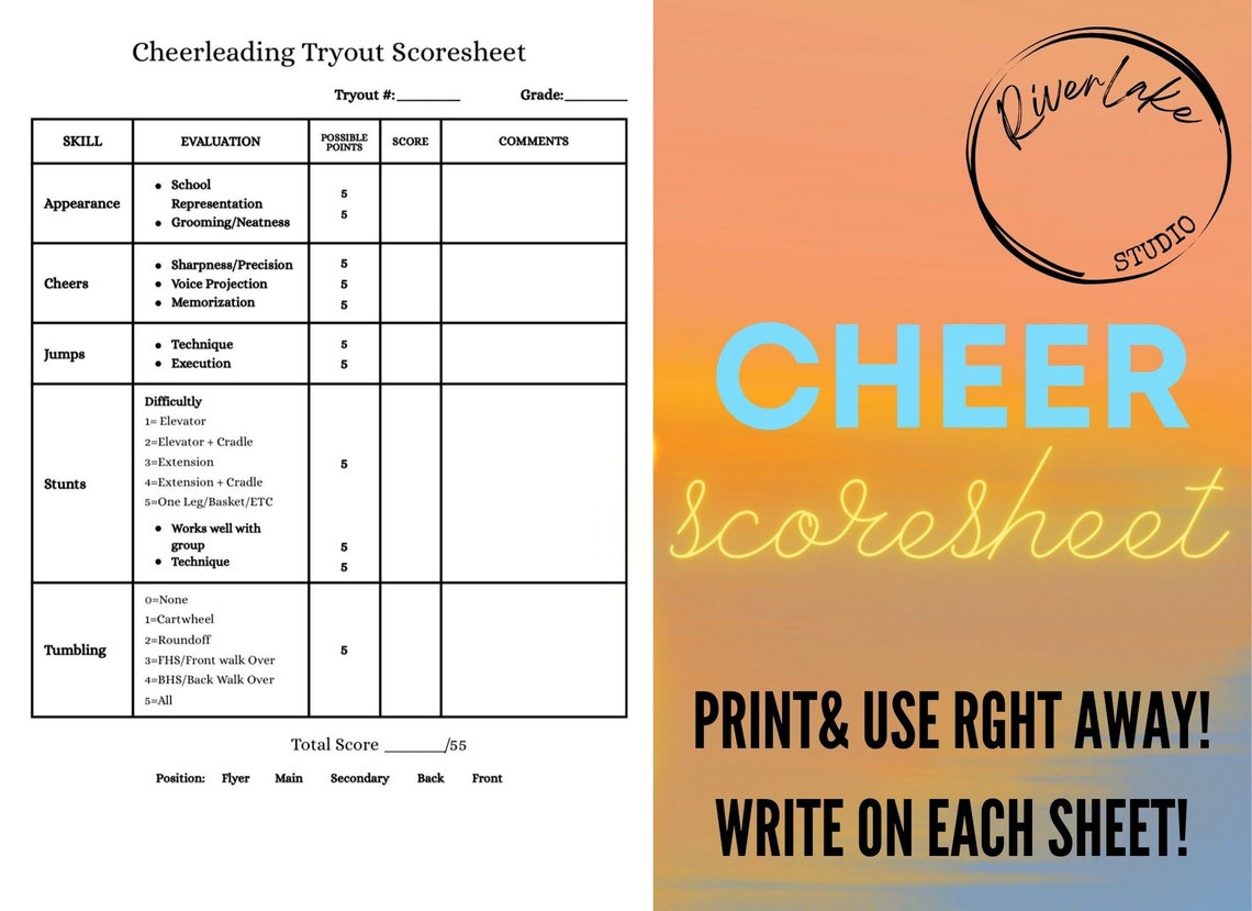 Printable Cheerleading Tryout Score Sheet Instant Download Template Printable Cheerleading Tryout Score Sheet Instant Download Template
