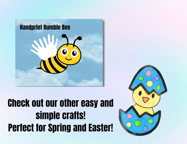 Puede incluir: Una manualidad de abeja abejorro con una huella de mano, con un cuerpo amarillo, rayas negras y alas blancas. La abeja est&aacute; volando en un cielo azul con nubes blancas. El texto "Handprint Bumble Bee" est&aacute; en la parte superior de la imagen. Debajo de la imagen, el texto dice "&iexcl;Echa un vistazo a nuestras otras manualidades f&aacute;ciles y sencillas! &iexcl;Perfecto para la primavera y la Pascua!"