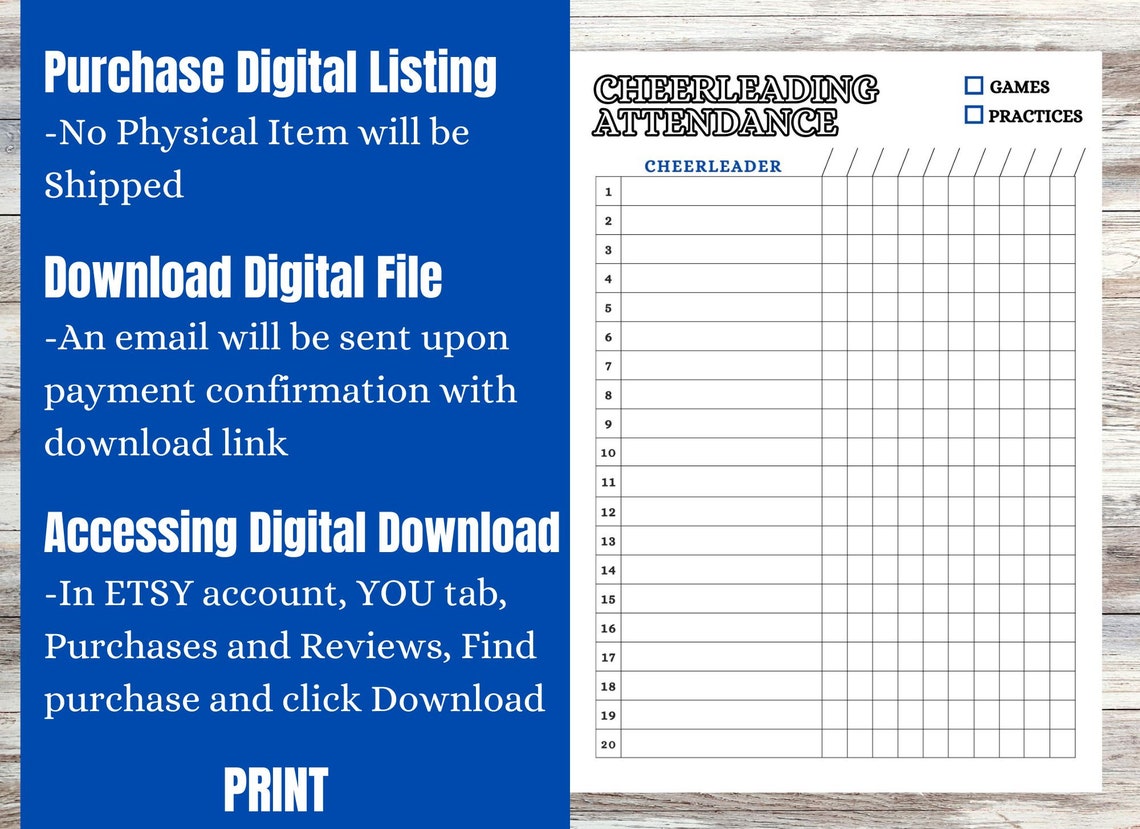 Printable Cheer Season Attendance Sheet/roster Instant Download ...
