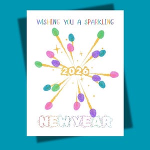 May include: A white greeting card with a colorful design for the New Year. The card features the text "WISHING YOU A SPARKLING" at the top and "NEW YEAR" at the bottom. The year "2026" is in the center, surrounded by colorful bursts.