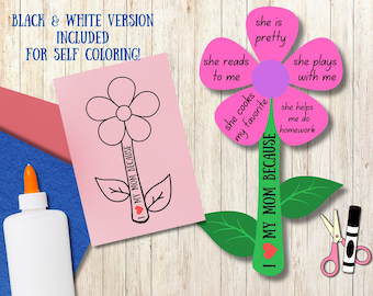 Mother's Day Flower Craft, Flower template, Mother's Day craft for Daycare, I love Mom because, Simple DYI craft for mom birthday card