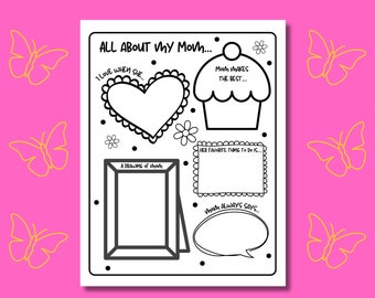 Mother's Day worksheet, All about Mom fill in the blank sheet, Mothers Day craft for kids. Cards for mom. Mothers day coloring page