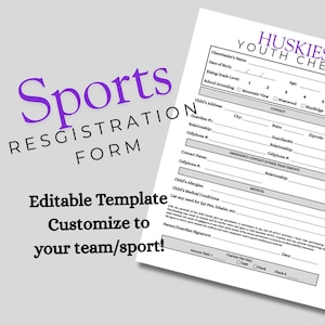 May include: A white sports registration form with the text "Sports Registration Form" in purple. The form includes fields for cheerleader's name, date of birth, and contact information. The form is an editable template.