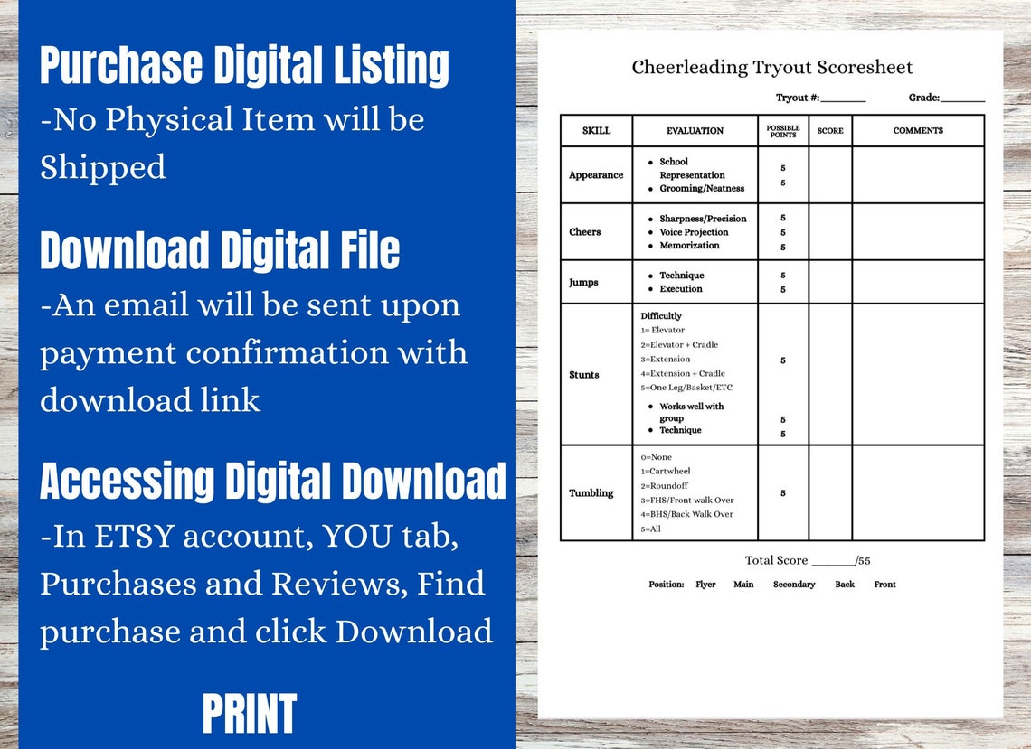 Printable Cheerleading Tryout Score Sheet. Instant Download Template