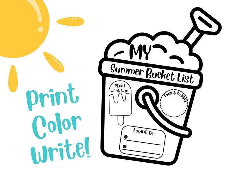 Summer Bucket List for kids, End of school year craft, summer craft for kids, summer coloring page, Sand Bucket Coloring page image 1
