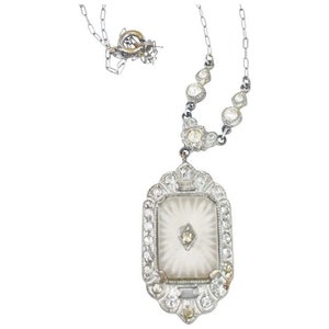 Art Deco Camphor Glass Necklace Rhodium Plated, Antique Necklace, Necklace for Women, Gift for Her