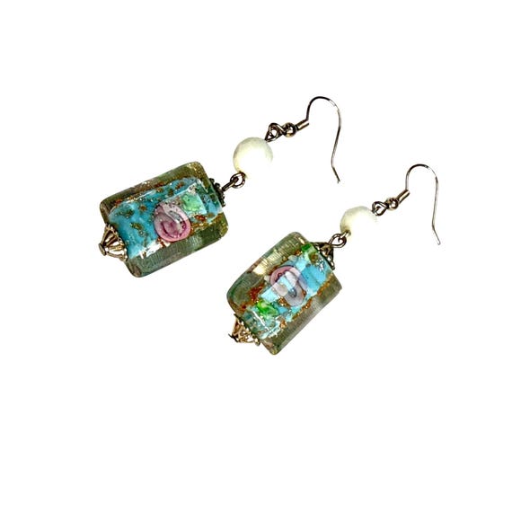 Glass Bead Earrings Rectangular Dangle Handmade B… - image 1