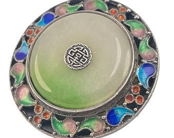 Nefriet Jade Cloisonne ronde tinnen pin broche, 1 5/8 inch