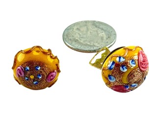 Vintage Murano Art Glass Clip-on Earrings Multicolor Swirl Floral