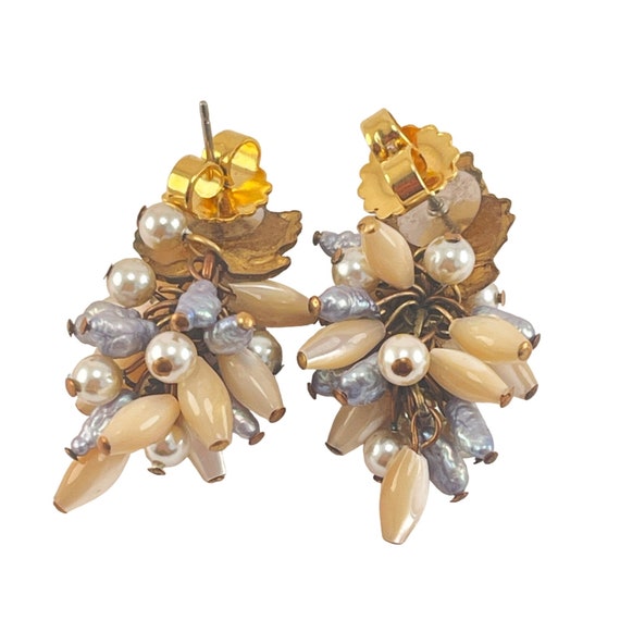 Vintage Gold Leaf Pearl Clusters Dangle Post Earr… - image 4