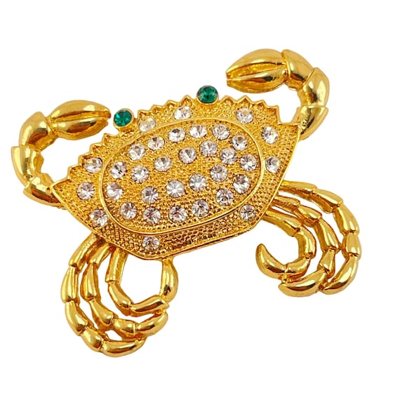Crab Brooch Pin Green Eyes Rhinestone Gold Plated… - image 2