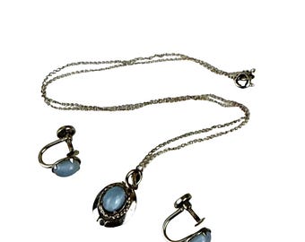 Vintage Silber Ton Blau Cabochon Halskette & Ohrringe Schraubverschluss 50er Jahre