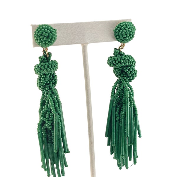 Beaded Green Tassel Earrings Long Statement Post Backing