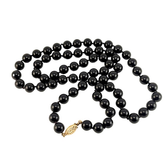 Black Onyx 8mm Beaded Necklace Hand Knotted 14K Y… - image 5