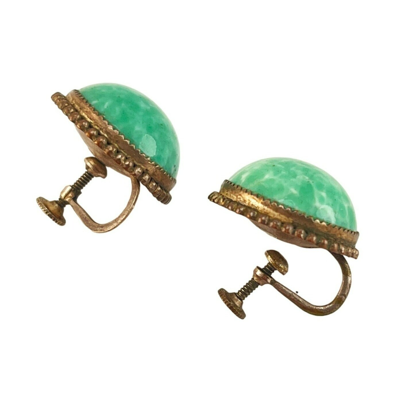 Boucles D'oreilles Vintage Années 60 - Pâte De Verre Vert Cabochon - Clips - Occasion