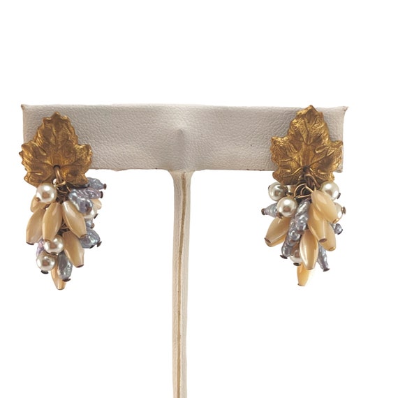 Vintage Gold Leaf Pearl Clusters Dangle Post Earr… - image 8