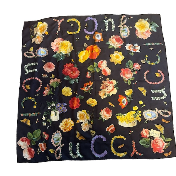 Gucci Colorful Silk Floral Scarf with Butterflies Bees and Insects 34" Square
