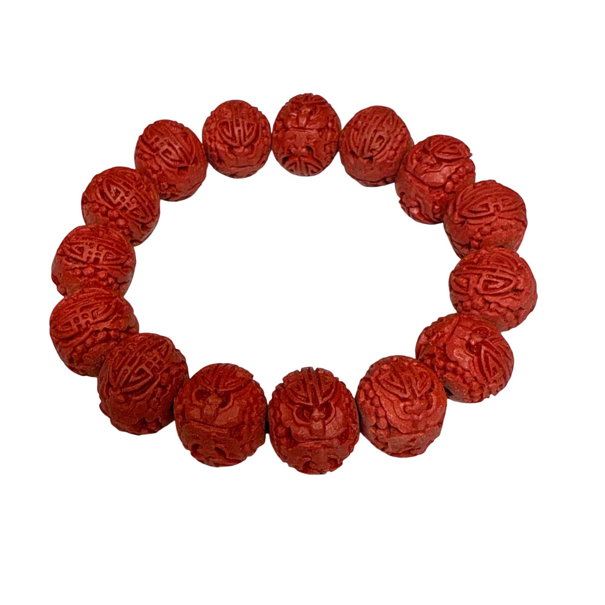 Cinnabar Shou Longevity Bead Bracelet Carved Stretch Red Health - Main Image