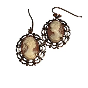 Vintage Cameo Brass Earrings Ornate Dangle Style Victorian Look